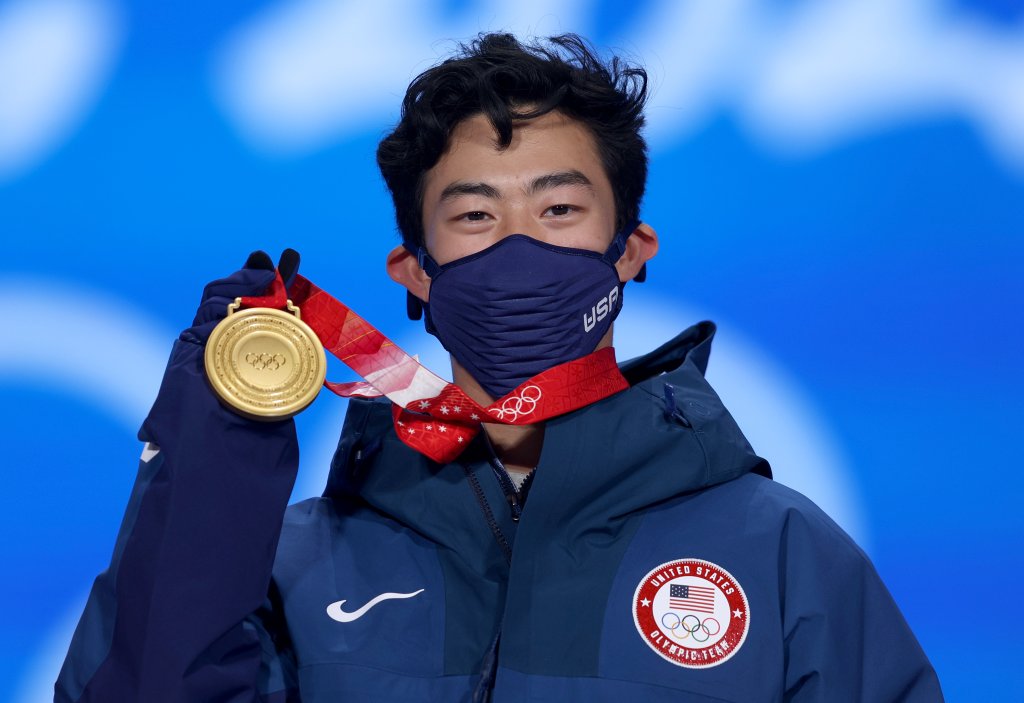 Nathan Chen of Team United States poses with his medal during the Men's Single Skating medal ceremony at the 2022 Winter Olympic Games, Beijing Medal Plaza, Feb. 10, 2022 in Beijing, China.