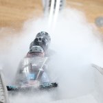 Hunter Church, Joshua Williamson, Kristopher Horn and Charlie Volker of Team USA compete during the four-man bobsleigh heats at the 2022 Winter Olympic Games, Feb/ 19, 2022, in Yanqing, China.