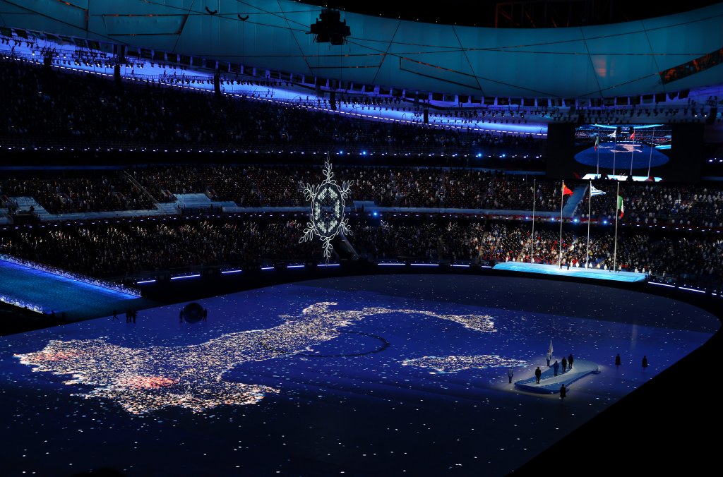 A map of Italy is reflected during the 2022 Winter Olympics Closing Ceremony, Feb. 20, 2022, in Beijing, China. Italy will be the next country to host the Winter Olympic Games in 2026.