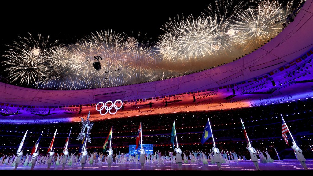 A firework display is seen above the stadium during the Beijing 2022 Winter Olympics Closing Ceremony, Feb. 20, 2022, in Beijing, China.