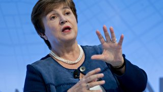 Kristalina Georgieva, managing director of the International Monetary Fund (IMF), speaks in Washington, D.C., on Oct. 16, 2019.