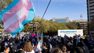 About 200 faculty, students and community activists gathered at the University of Texas Southwestern Medical Center to protest the decision to close the state’s only transgender youth health care program to new patients.