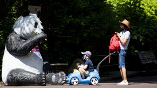 File photo: Visitors wearing masks stand in front of a panda statue with a QR code to sign up for tickets to the Asia Trail and Giant Panda exhibit at the Smithsonian’s National Zoo on May 21, 2021.
