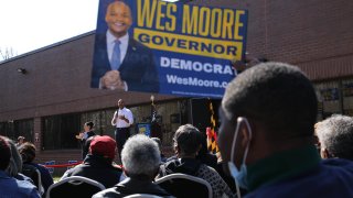 LANHAM, MARYLAND – MARCH 05: Maryland gubernatorial candidate Wes Moore onstage during campaign office opening in Prince George’s County on March 05, 2022 in Lanham, Maryland. Wes Moore is seeking the Democratic nomination for Maryland governor in 2022 and recieved the support of Prince George’s County Executive Angela D. Alsobrooks. (Photo by Brian Stukes/Getty Images)