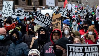 FILE - People march at a rally for Amir Locke on Feb. 5, 2022, in Minneapolis. Minnesota.