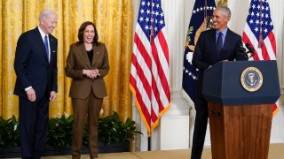 President Joe Biden and Vice President Kamala Harris laugh as former President Barack Obama