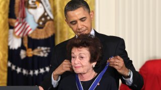FILE - President Barack Obama presents Jewish Holocaust survivor Gerda Weissmann Klein, a 2010 Presidential Medal of Freedom on Feb. 15, 2011, during a ceremony in the East Room of the White House in Washington. Gerda Weissmann Klein, a Holocaust survivor and author who wrote about her ordeal and went on to receive the Presidential Medal of Freedom, will be remembered at a memorial May 1 after her death in Phoenix earlier this month. Klein died April 3, 2022 in Phoenix, where she had lived since 1985. She was 97.