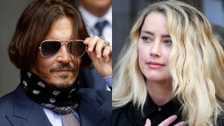 FILE - Johnny Depp appears at the High Court in London, on July 17, 2020, left, and Amber Heard appears outside the High Court in London on July 28, 2020.