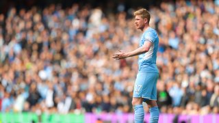 Kevin De Bruyne of Manchester City during the Premier League match between Manchester City and Liverpool at Etihad Stadium on April 10, 2022 in Manchester, England.