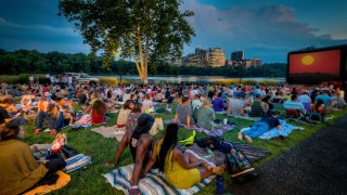 People in the park, watching a movie