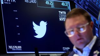 The Twitter logo and trading information is displayed as a trader works on the floor of the New York Stock Exchange (NYSE) in New York City, U.S., May 3, 2022.