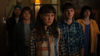 (L to R) Eduardo Franco as Argyle, Charlie Heaton as Jonathan, Millie Bobby Brown as Eleven, Noah Schnapp as Will Byers, and Finn Wolfhard as Mike Wheeler