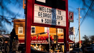 A sign reads Welcome to George Floyd Square at the memorial site surrounding the location George Floyd was killed on January 20, 2022 in Minneapolis, Minnesota.