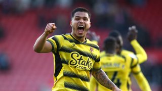 Cucho Hernandez of Watford FC reacts following their sides victory after the Premier League match between Southampton and Watford at St Mary's Stadium on March 13, 2022 in Southampton, England.