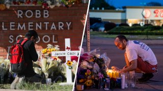 Photos of memorials to honor mass shooting victims in Uvalde, Texas and Buffalo, New York
