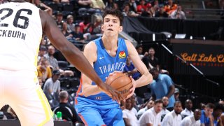 SALT LAKE CITY, UT - JULY 5: Chet Holmgren #7 of the Oklahoma City Thunder handles the ball during the game against the Utah Jazz during the 2022 NBA Salt Lake City Summer League on July 5, 2022 at vivint.SmartHome Arena in Salt Lake City, Utah.