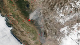 A NASA satellite image shows Oak Fire smoke July 24, 2022.