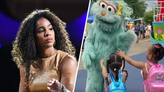 (Left) File image of Kelly Rowland. (Right) Two young Black girls shown on video apparently being denied an interaction by a costumed performer at Sesame Place in Bucks County, Pennsylvania.