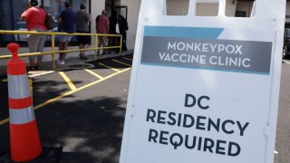 Residents wait in line at a DC Health location administering the monkeypox vaccine on August 5, 2022 in Washington, DC.