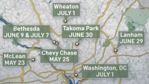 A map shows more than a dozen armed robberies of letter carriers in the D.C. area over the past few months, including in McLean on May 23, Chevy Chase on May 25, Bethesda on June 9 and July 7, Lanham on June 29, Takoma Park on June 30, and both the District and Wheaton on July 1.