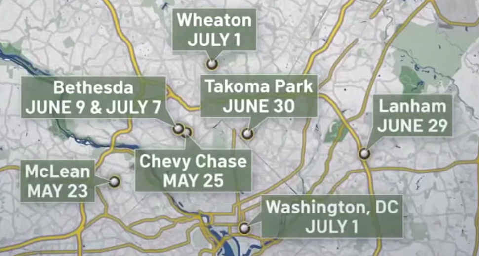 A map shows more than a dozen armed robberies of letter carriers in the D.C. area over the past few months, including in McLean on May 23, Chevy Chase on May 25, Bethesda on June 9 and July 7, Lanham on June 29, Takoma Park on June 30, and both the District and Wheaton on July 1.