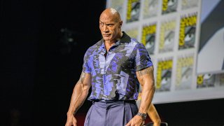 File - Dwayne “The Rock” Johnson attends the Warner Brothers panel promoting his upcoming film “Black Adam” at 2022 Comic-Con International at San Diego Convention Center on July 23, 2022.