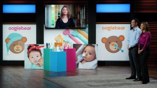 Nina Farzin (right) and her husband Sina Farzin pitch their company Oogiebear on ABC’s “Shark Tank.”