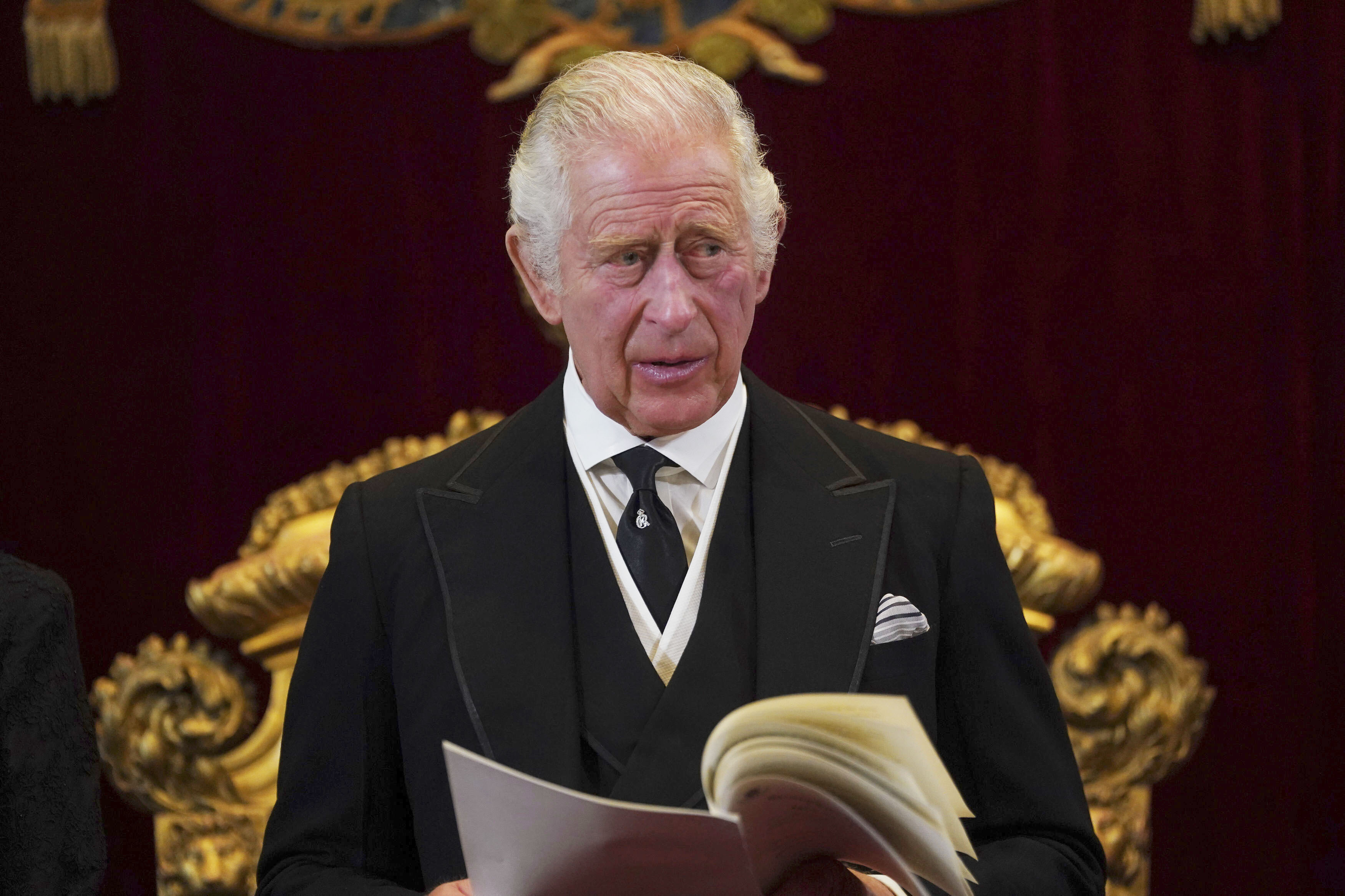 King Charles III speaks during the Accession Council at St James’s Palace, London, Sept. 10, 2022, shortly after he was formally proclaimed monarch.