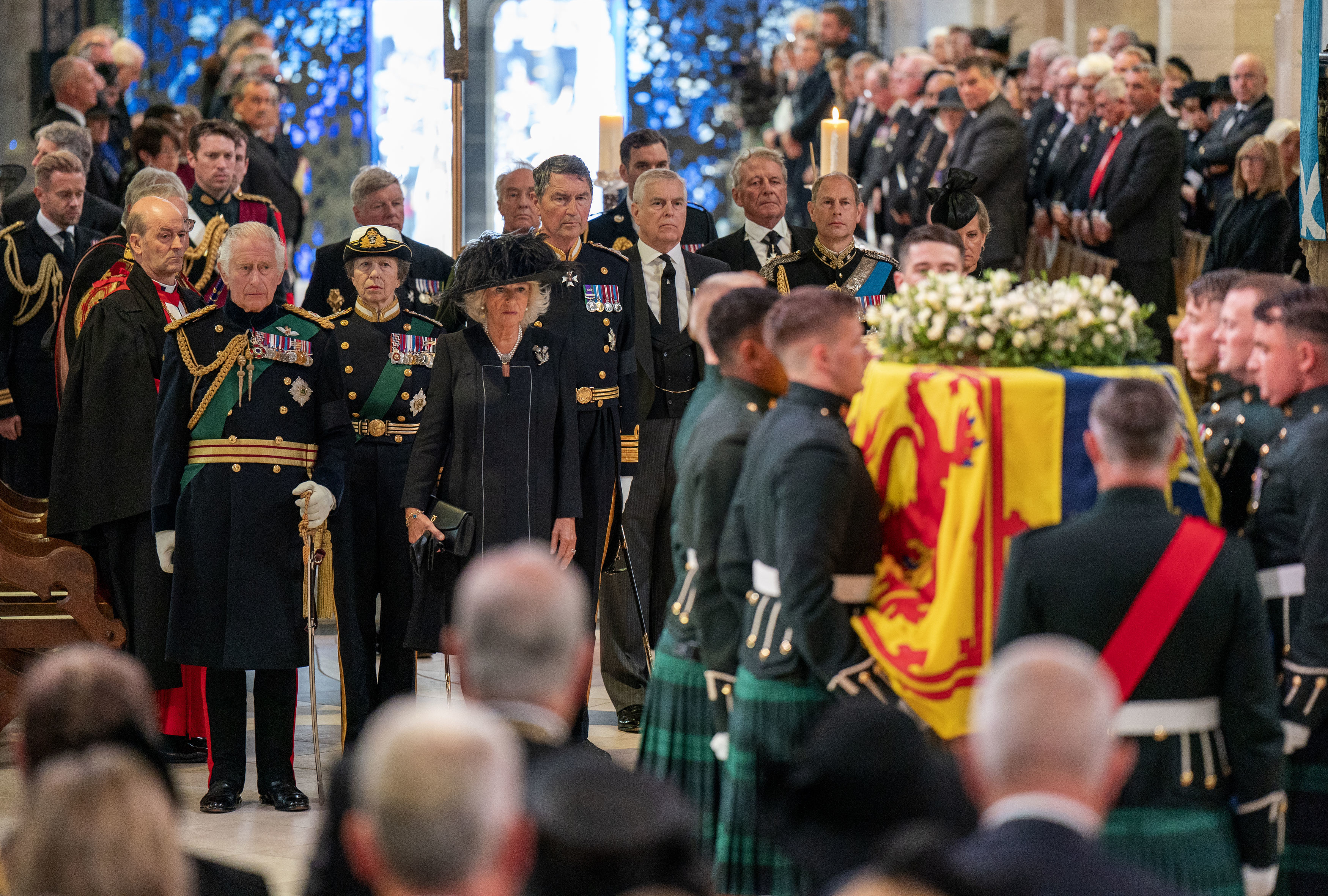 Sophie, Countess of Wessex, Edward, Earl of Wessex, Prince Andrew, Duke of York, Vice Admiral Timothy Laurence, Camilla, Queen Consort, Princess Anne, Princess Royal and King Charles III attend a Service of Prayer and Reflection for the Life of Queen Elizabeth II at St Giles’ Cathedral, Sept. 12, 2022 in Edinburgh, Scotland.