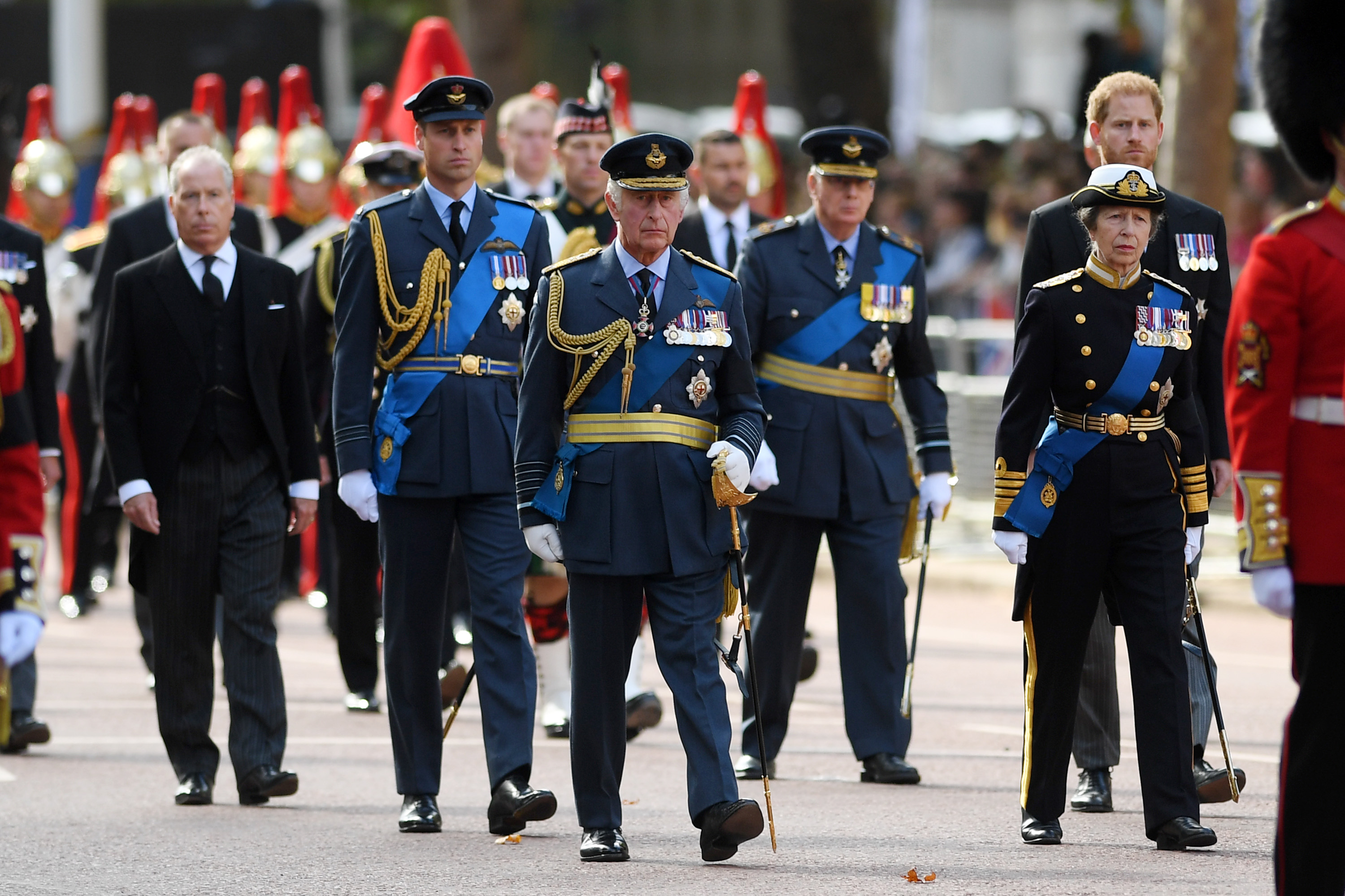 From left: David Armstrong-Jones, 2nd Earl of Snowdon, Prince William, Prince of Wales, King Charles III, Prince Richard, Duke of Gloucester, Anne, Princess Royal and Prince Harry, Duke of Sussex walk behind the coffin during the procession for the Lying-in State of Queen Elizabeth II, Sept. 14, 2022, in London