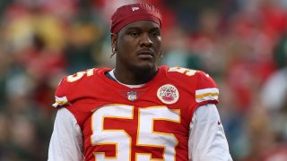 Kansas City Chiefs defensive end Frank Clark (55) during an NFL game between the Green Bay Packers and Kansas City Chiefs on Nov 7, 2021 at GEHA Field at Arrowhead Stadium in Kansas City, MO.
