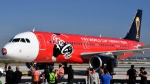 The plane carrying the FIFA World Cup Trophy is pictured upon landing for the kick-off of the FIFA World Cup Trophy Tour in Mexico, ahead of the Qatar 2022 World Cup, at the Felipe Angeles International Airport (AIFA) in Santa Lucia, Zumpango, Mexico State, on October 15, 2022. - The 2022 FIFA World Cup will be held from November 20 to December 18, 2022, in Doha. (Photo by Claudio CRUZ / AFP) (Photo by CLAUDIO CRUZ/AFP via Getty Images)