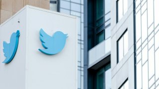 The Twitter logo is seen on the exterior of Twitter’s headquarters in San Francisco, California, on October 28, 2022.