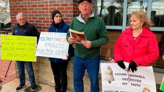 David Lorenz, Maryland director for the Survivors Network of those Abused by Priests, speaks at a sidewalk news conference outside the U.S. Conference of Catholic Bishops gathering in Baltimore on Wednesday, Nov. 16, 2022.