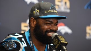 Carolina Panthers Offensive Tackle Michael Oher (73) during the Carolina Panthers press conference for Super Bowl 50 at the San Jose Convention Center in San Jose, California, on Feb. 2, 2016.
