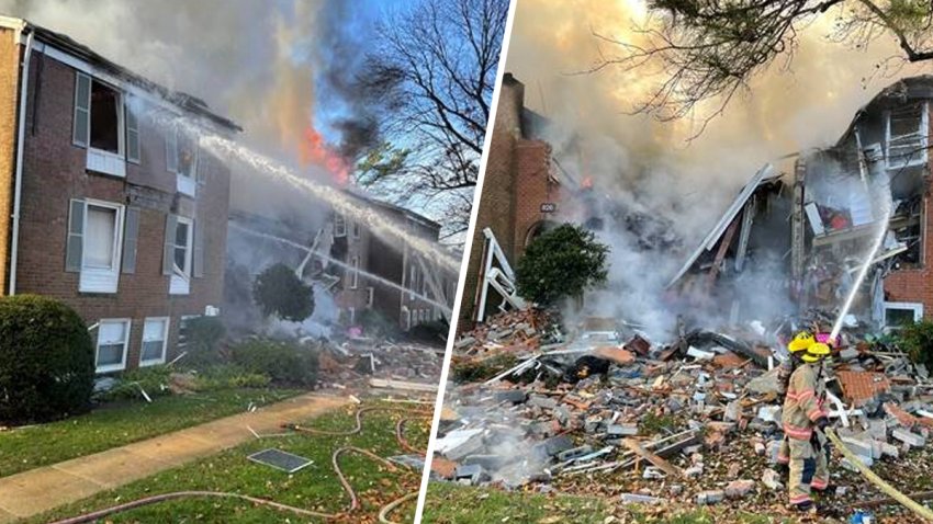 A building explosion and two-alarm fire in Gaithersburg, Maryland, demolished a portion of at least one building and is sending smoke into the air that’s visible from miles away.