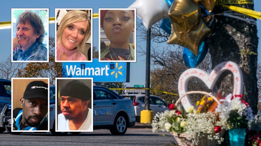 A memorial is seen at the site of a fatal shooting in a Walmart on November 23, 2022 in Chesapeake, Virginia. Following the Tuesday night shooting, six people were killed, including the suspected gunman.  (Photo by Nathan Howard/Getty Images)