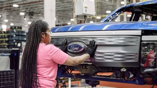 Ford F-150 Lightning trucks manufactured at the Rouge Electric Vehicle Center in Dearborn Michigan.