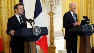 French President Emmanuel Macron and U.S. President Joe Biden hold a joint news conference in the East Room of the White House in Washington, December 1, 2022.