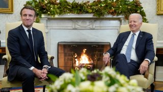 President Joe Biden meets with French President Emmanuel Macron in the Oval Office of the White House in Washington, Thursday, Dec. 1, 2022, during a State Visit.