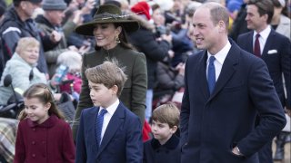 Prince William, Prince George, Princess Charlotte, Prince Louis and Kate Middleton attend the Christmas Day service at St Mary Magdalene Church on December 25, 2022 in Sandringham, Norfolk.