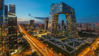 The skyline of Beijing, China, in the evening.