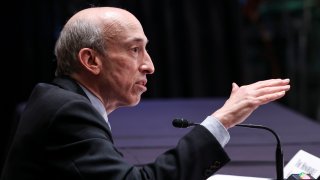 SEC chairman Gary Gensler testifies before a Senate Banking, Housing, and Urban Affairs Committee hearing on Sept. 14, 2021 in Washington.