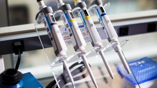 Pipettes are seen at the Moderna Therapeutics Inc. lab in Cambridge, Massachusetts, U.S., on Tuesday, Nov. 14, 2017. Moderna this week started testing