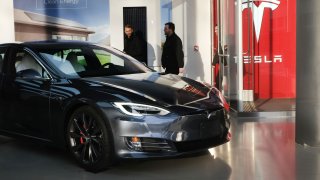 A Tesla vehicle is displayed in a Manhattan dealership on January 30, 2020 in New York City.