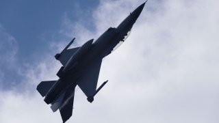 A Belgian F-16 jet fighter takes part in the NATO Air Nuclear drill “Steadfast Noon” at the Kleine-Brogel air base in Belgium on October 18, 2022.