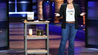 Laura Lady, founder and CEO of FryAway, pitches her solution to cooking oil disposal on ABC’s “Shark Tank.”