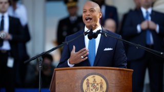 Maryland Gov. Wes Moore delivers his inaugural address on the west side of the Maryland State House Jan. 18, 2023, in Annapolis, Maryland.