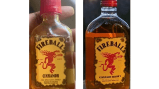 A bottle of Fireball Cinnamon, left; Fireball Cinnamon Whisky, right.