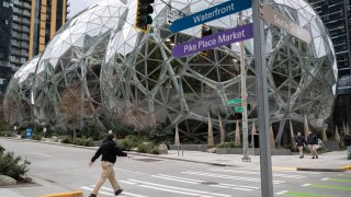 The Amazon headquarters sits virtually empty on March 10, 2020 in downtown Seattle, Washington. In response to the coronavirus outbreak, Amazon recommended all employees in its Seattle office to work from home, leaving much of downtown nearly void of people.
